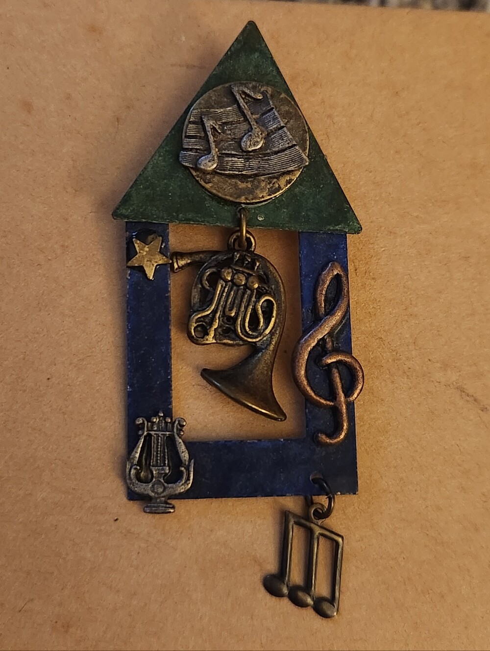 Vintage Unique Artisan Mixed Metal Brooch Musical Charms Pin